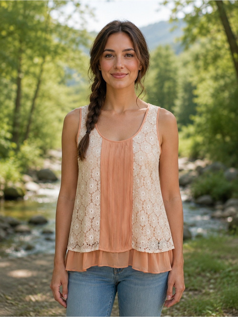 A'Reve Peach Lace & Chiffon Peplum Camisole